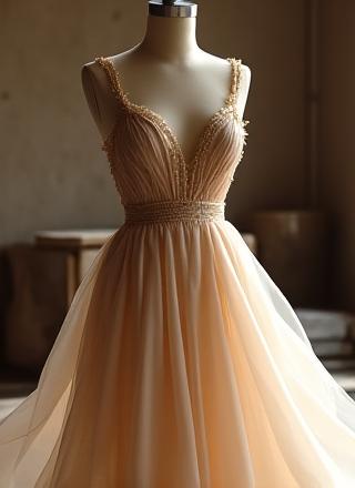 Vestido de alta costura confeccionado a medida en el atelier Papiro Hilo Madrid